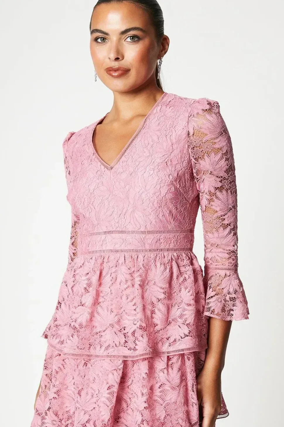 Layered Lace Dress With Ruffle Sleeve