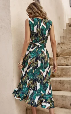 Leaf Print Asymmetric Hem Frill Detail Midi Dress In Green