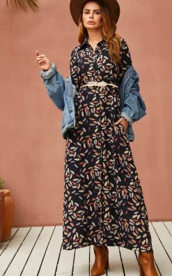 Leaf Print Black Shirt Dress With Tie Waist and Free Gold Stretch Leaf Belt