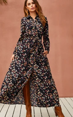 Leaf Print Black Shirt Dress With Tie Waist and Free Gold Stretch Leaf Belt