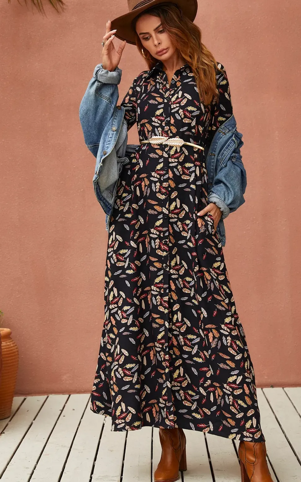 Leaf Print Black Shirt Dress With Tie Waist and Free Gold Stretch Leaf Belt