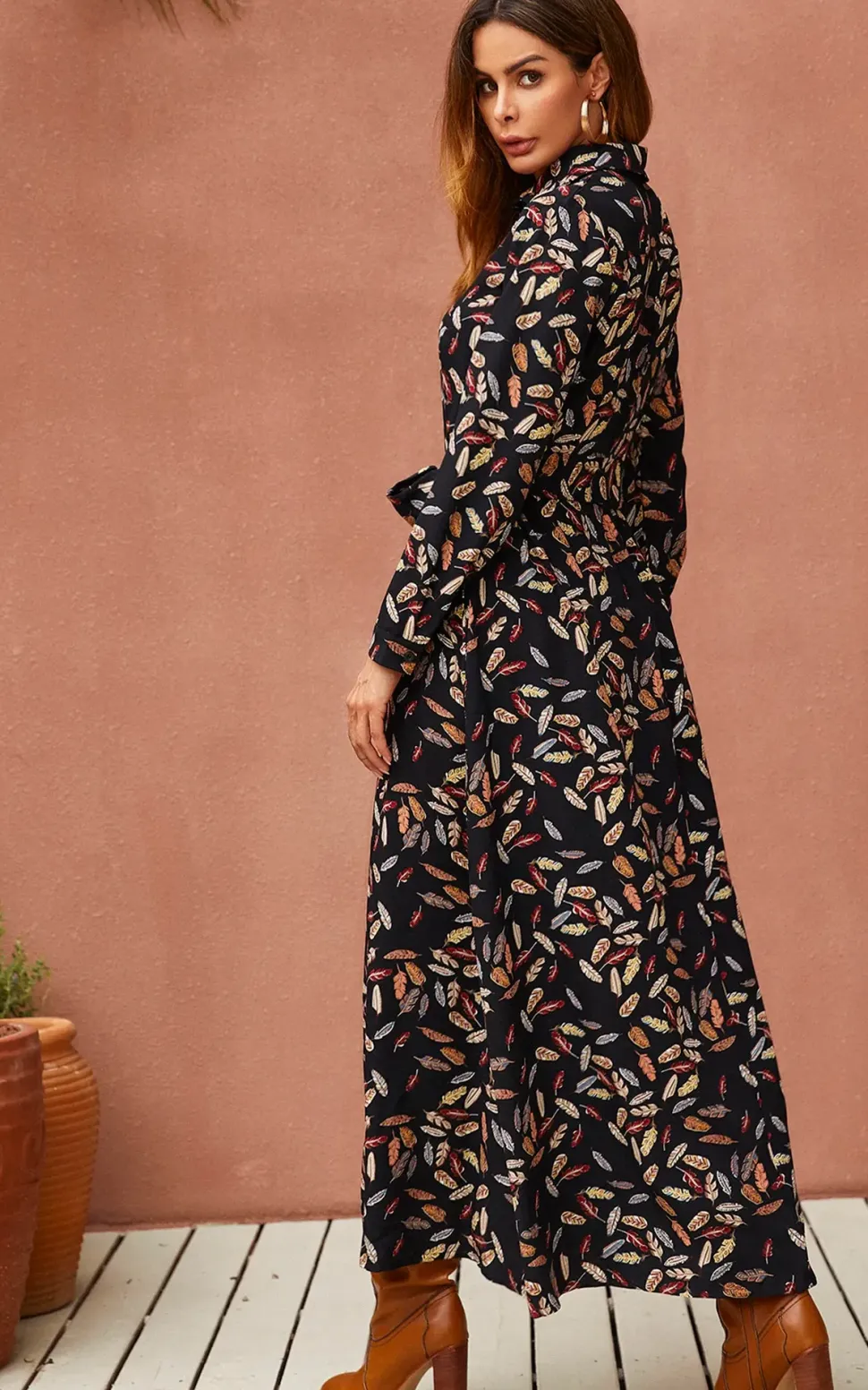 Leaf Print Black Shirt Dress With Tie Waist and Free Gold Stretch Leaf Belt