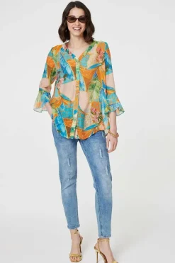 Leaf Print Button Front Blouse