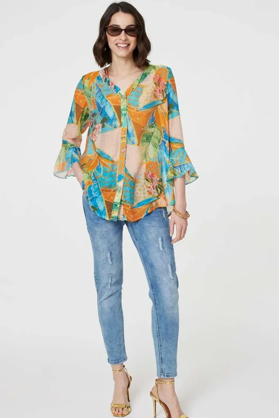 Leaf Print Button Front Blouse