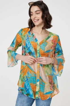Leaf Print Button Front Blouse