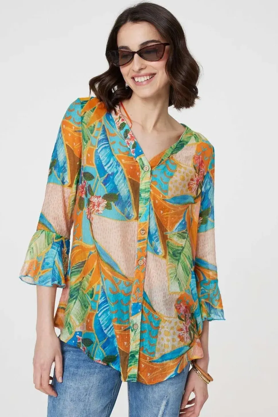 Leaf Print Button Front Blouse