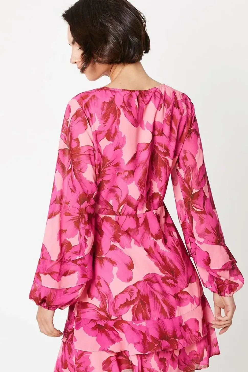 Leaf Print Corsage Tiered Mini Dress