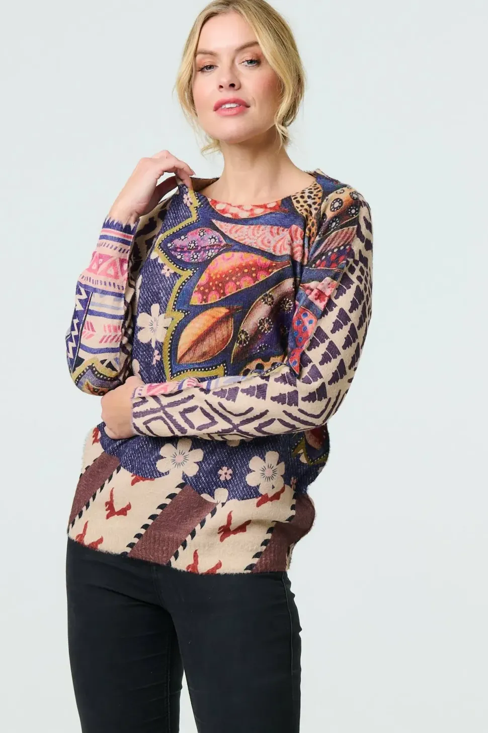 Leaf Print Drop Shoulder Jumper