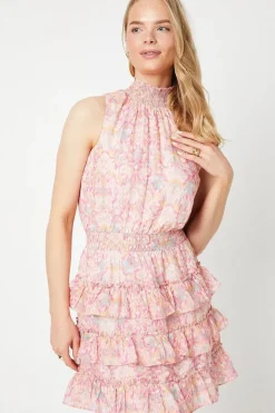 Leaf Printed Smocked Waist Sleeveless Ruffle Mini Dress