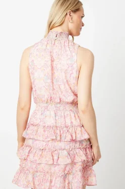 Leaf Printed Smocked Waist Sleeveless Ruffle Mini Dress