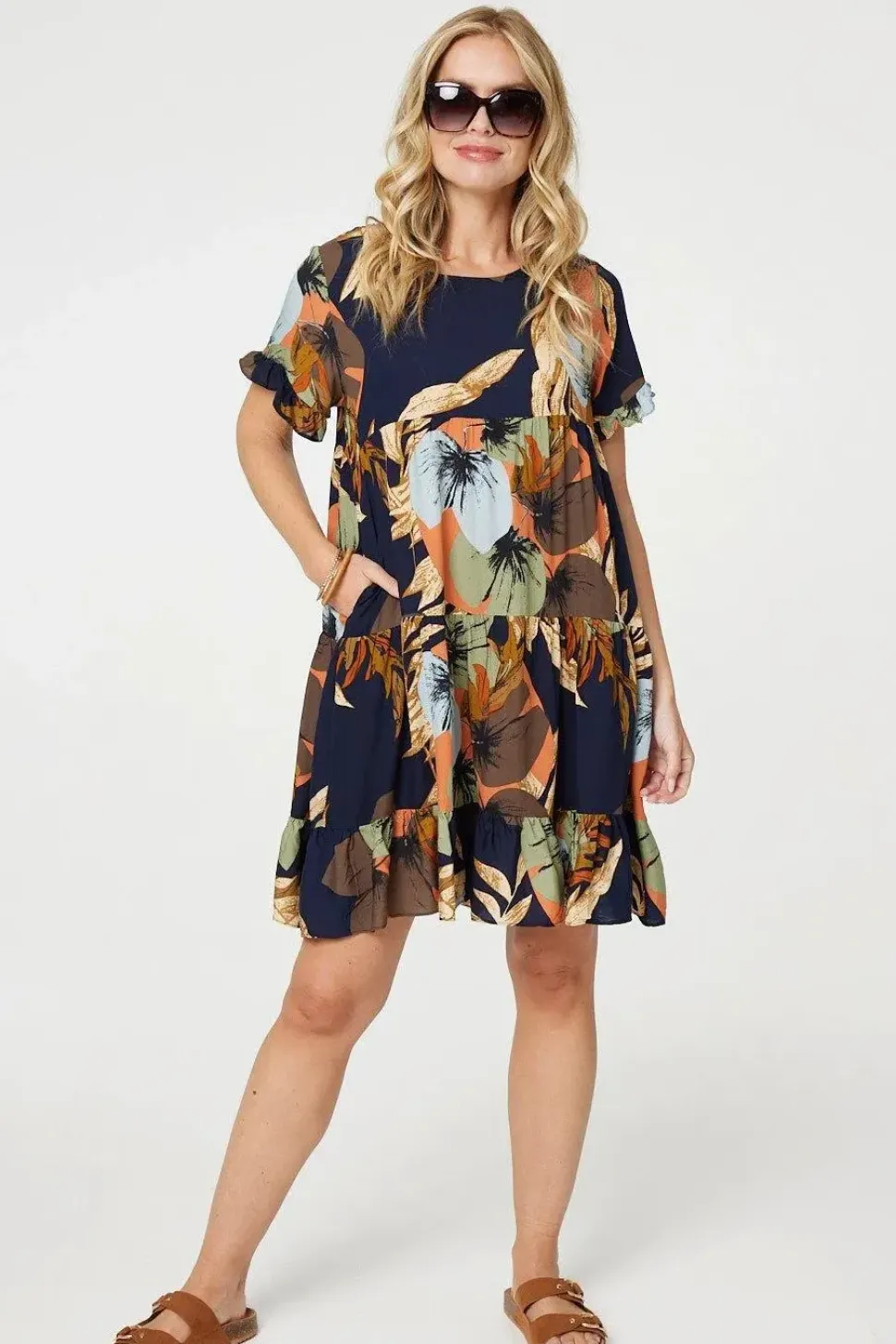 Leaf Print Frilled Knee Length Shift Dress