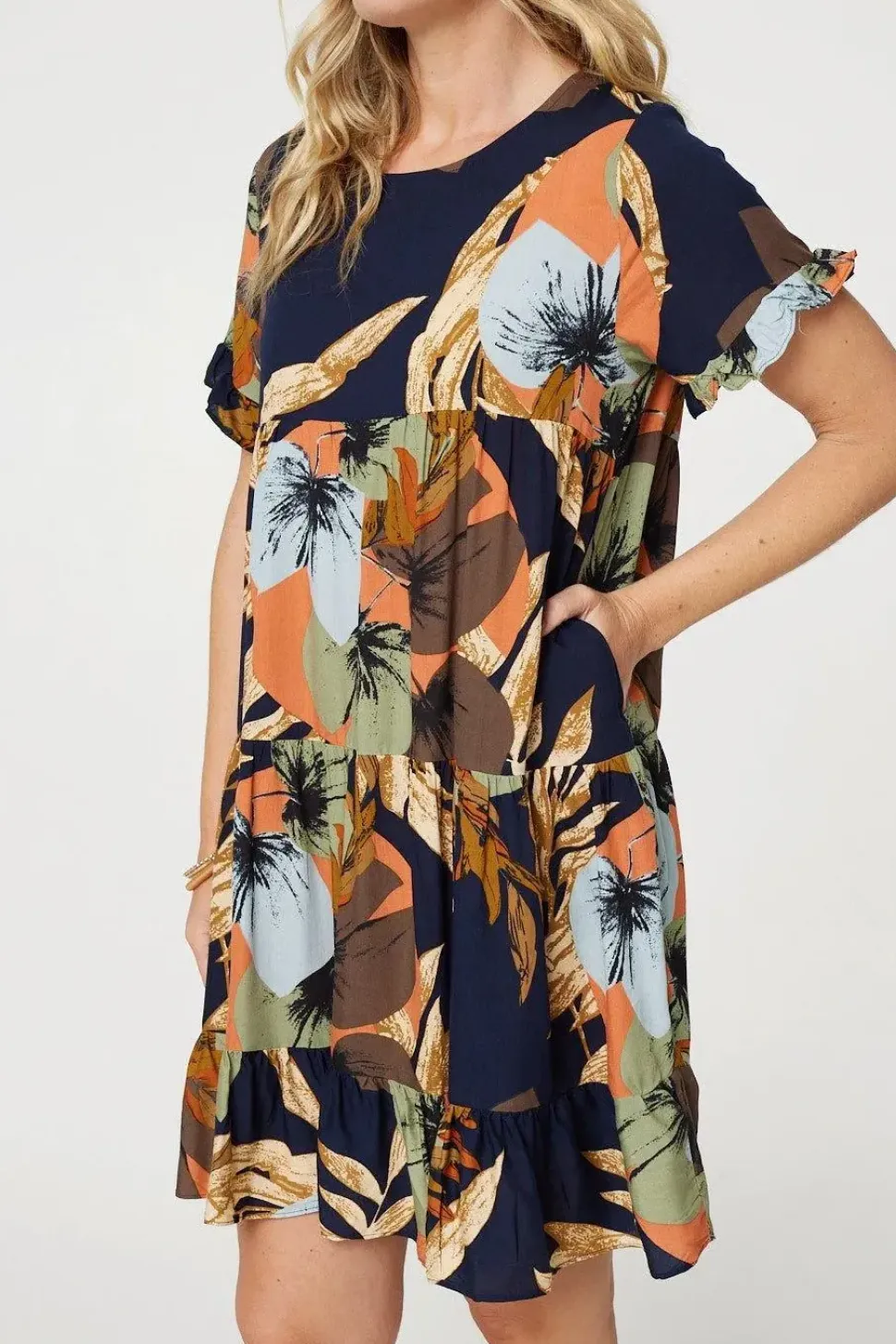 Leaf Print Frilled Knee Length Shift Dress