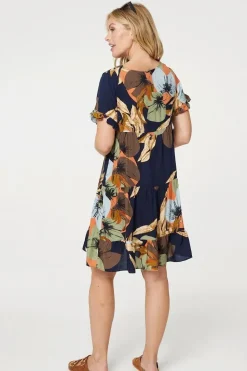 Leaf Print Frilled Knee Length Shift Dress