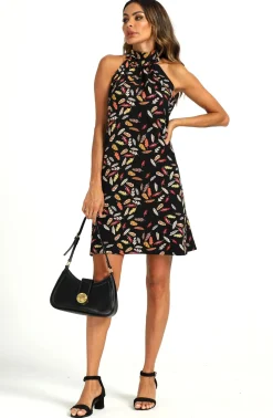 Leaf Print Halter Neck Tie Back Mini Dress In Black
