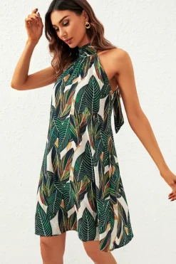 Leaf Print Halter Neck Tie Back Mini Dress In Green