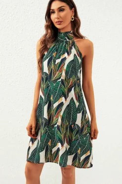 Leaf Print Halter Neck Tie Back Mini Dress In Green