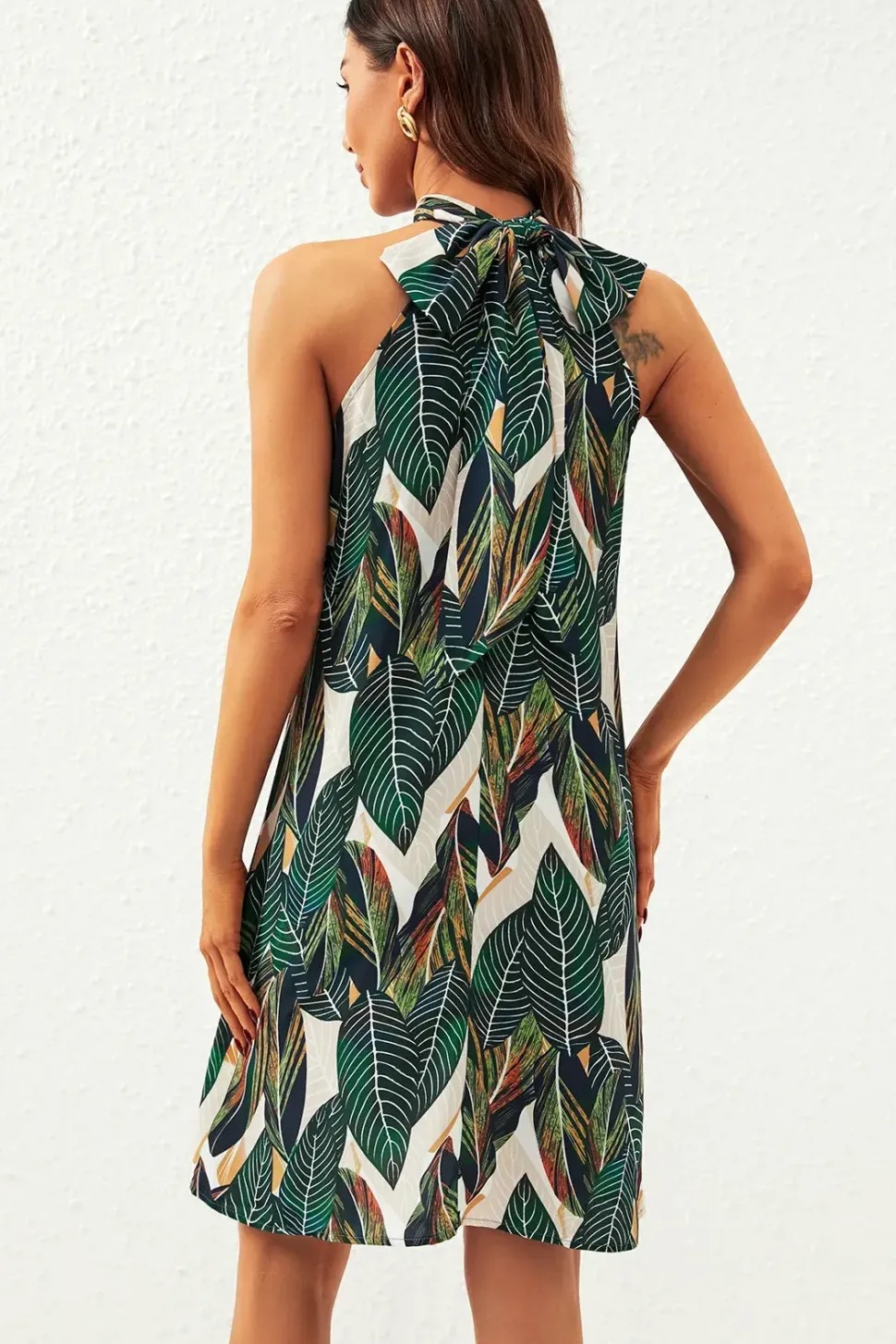 Leaf Print Halter Neck Tie Back Mini Dress In Green