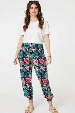 Leaf Print Harem Pants with Pockets