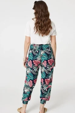 Leaf Print Harem Pants with Pockets