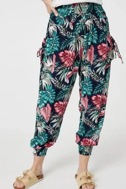 Leaf Print Harem Pants with Pockets