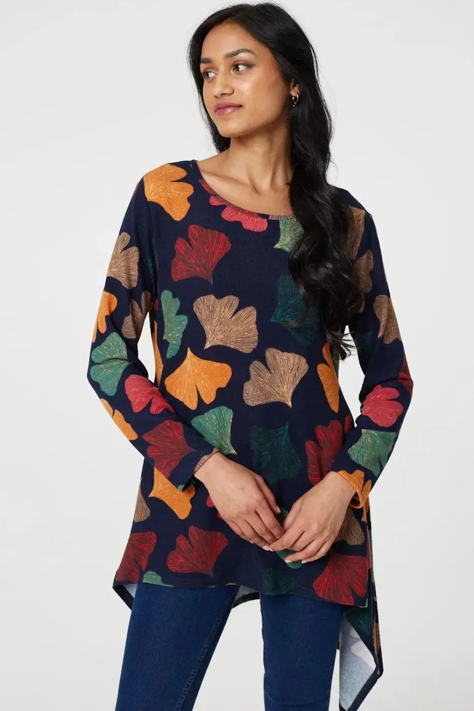 Leaf Print High Low Tunic Top