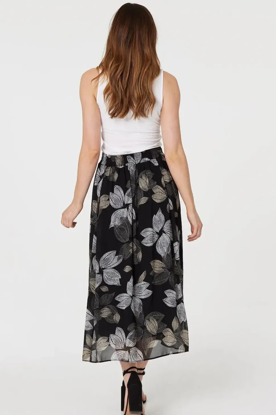 Leaf Print High Waist Midi Skirt