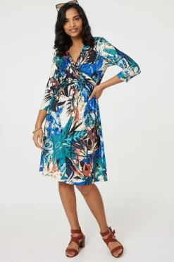 Leaf Print Knee Length Wrap Dress