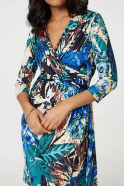 Leaf Print Knee Length Wrap Dress
