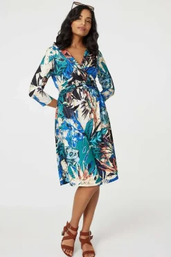 Leaf Print Knee Length Wrap Dress
