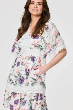 Leaf Print Lace Trim Short Dress