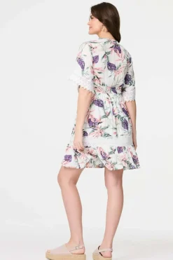 Leaf Print Lace Trim Short Dress