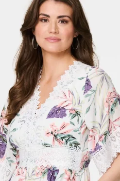 Leaf Print Lace Trim Short Dress