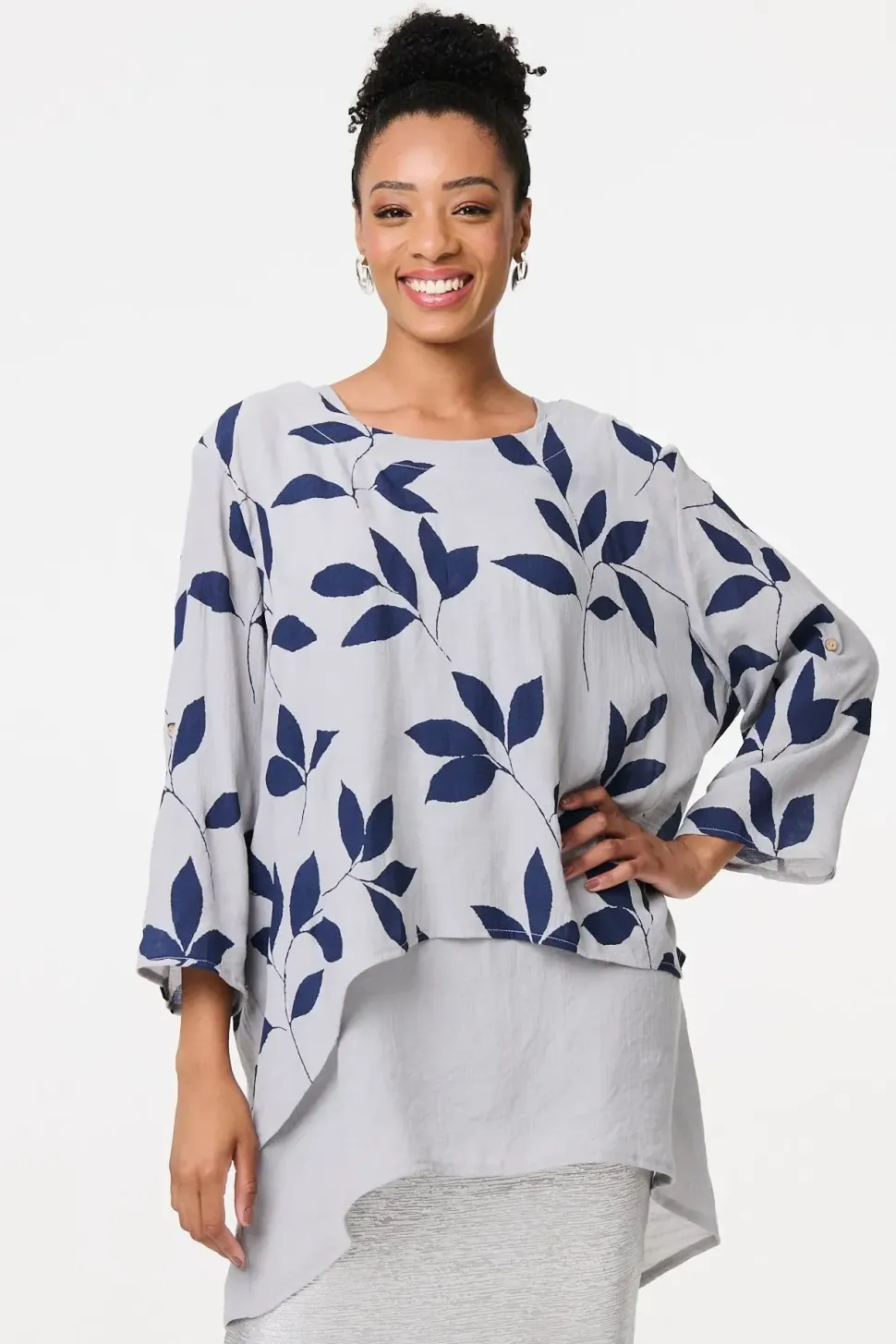 Leaf Print Longline Layered Tunic Blouse