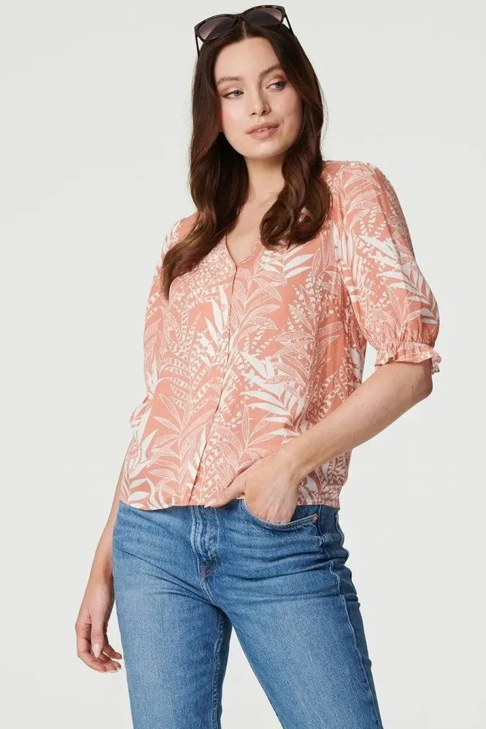 Leaf Print Puff 1/2 Sleeve Blouse