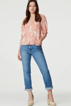 Leaf Print Puff 1/2 Sleeve Blouse