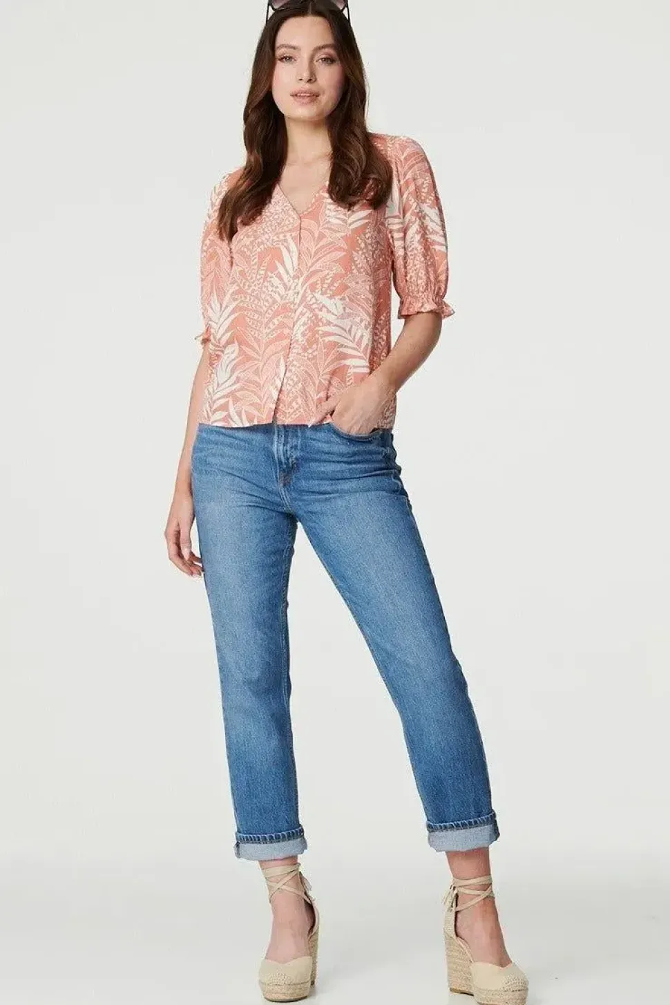 Leaf Print Puff 1/2 Sleeve Blouse