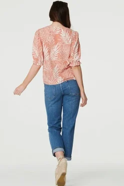 Leaf Print Puff 1/2 Sleeve Blouse