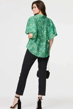 Leaf Print 1/2 Puff Sleeve Blouse