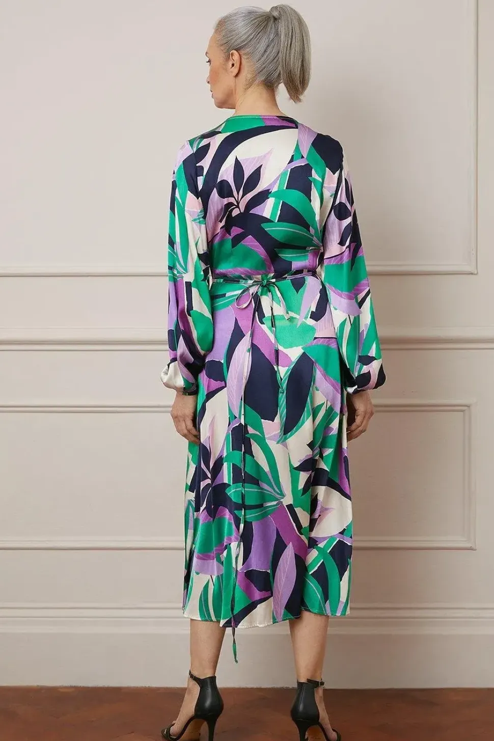 Leaf Print Satin Wrap Midi Dress