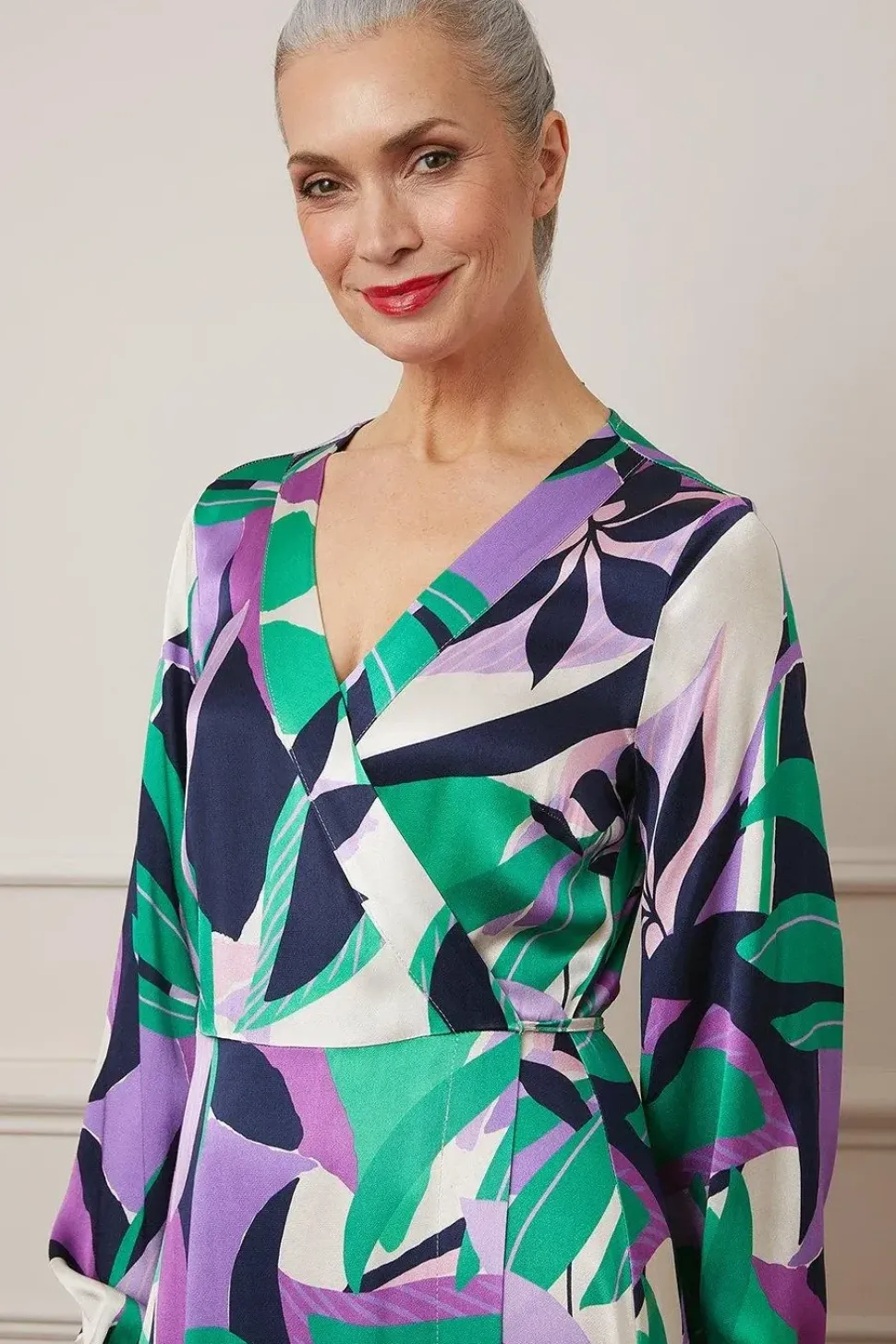 Leaf Print Satin Wrap Midi Dress