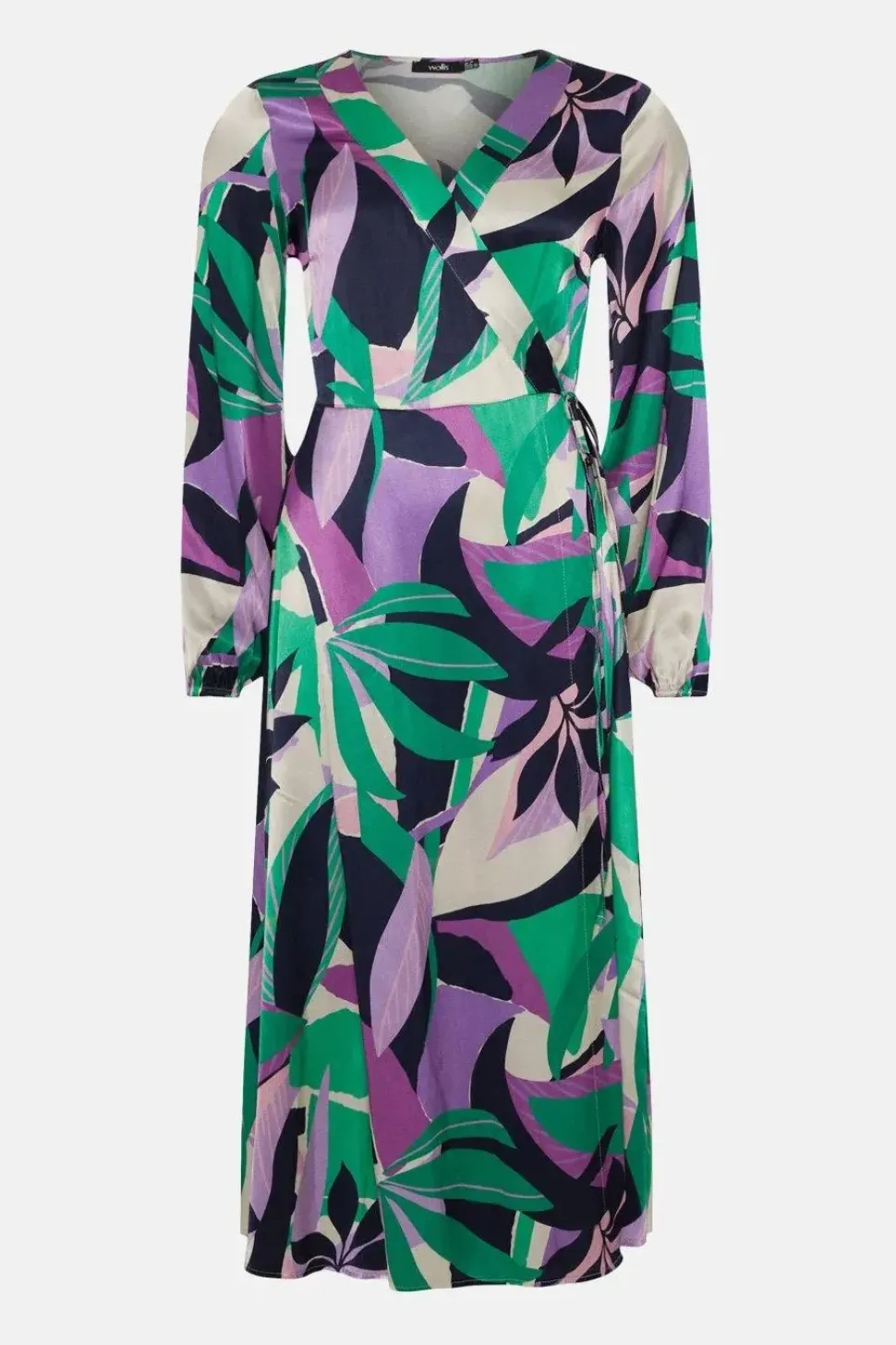 Leaf Print Satin Wrap Midi Dress