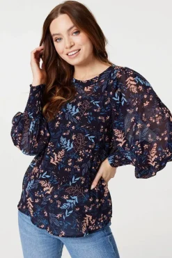 Leaf Print Semi Sheer Blouse