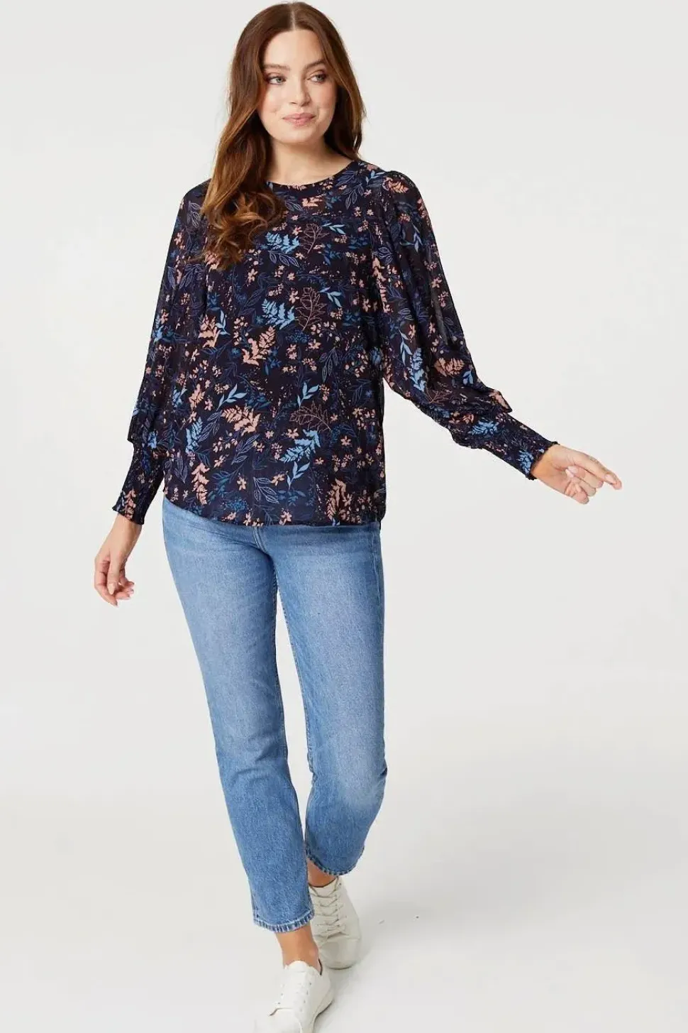Leaf Print Semi Sheer Blouse