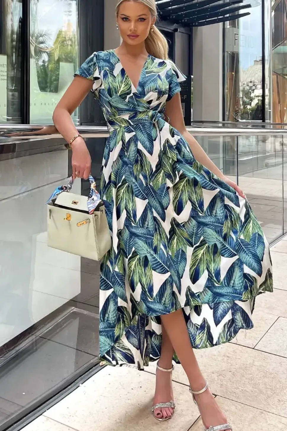 Leaf Print Short Sleeve Belted Wrap Midi Dress