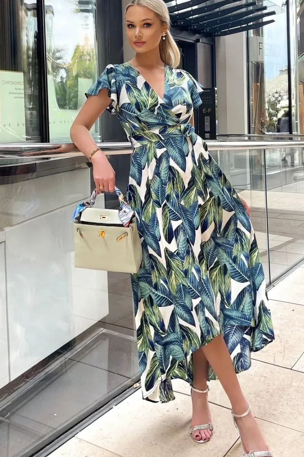 Leaf Print Short Sleeve Belted Wrap Midi Dress
