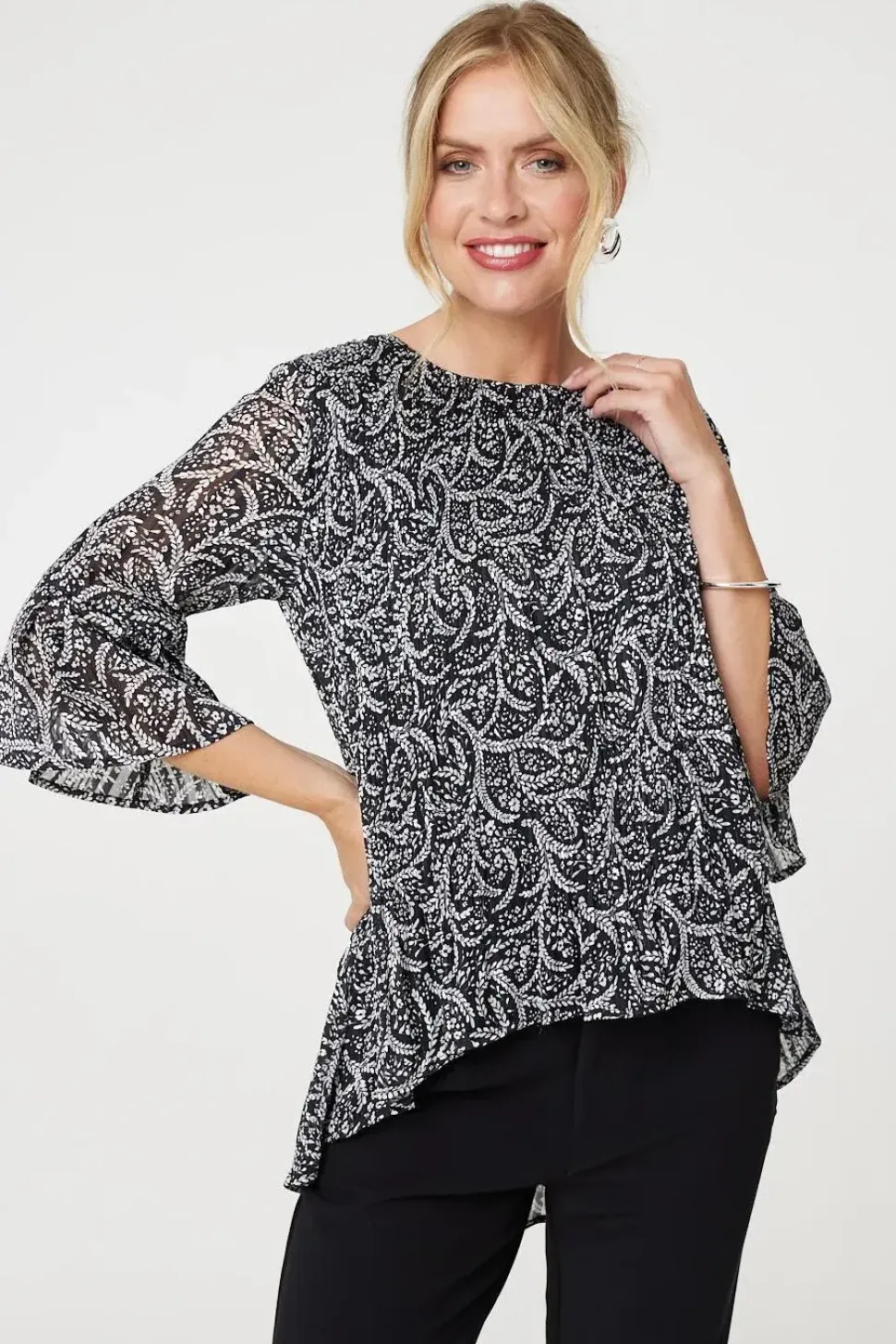 Leaf Print 3/4 Sleeve High Low Blouse