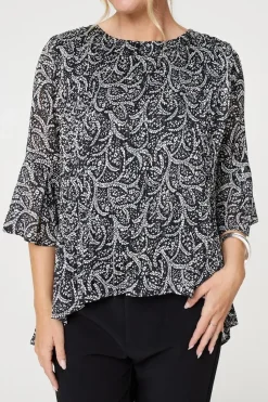 Leaf Print 3/4 Sleeve High Low Blouse
