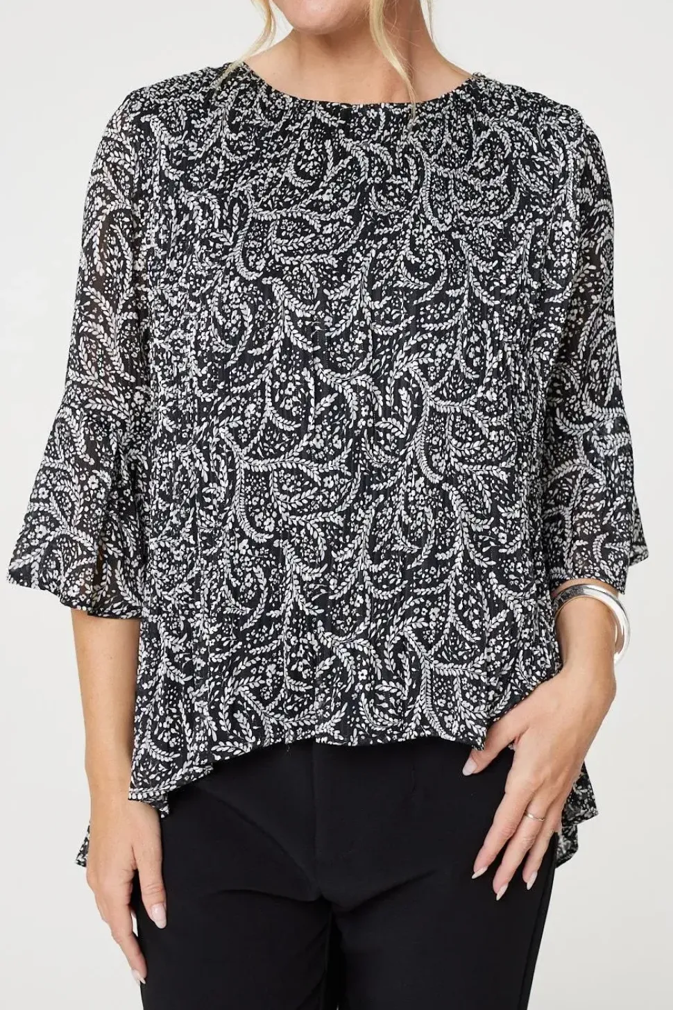 Leaf Print 3/4 Sleeve High Low Blouse