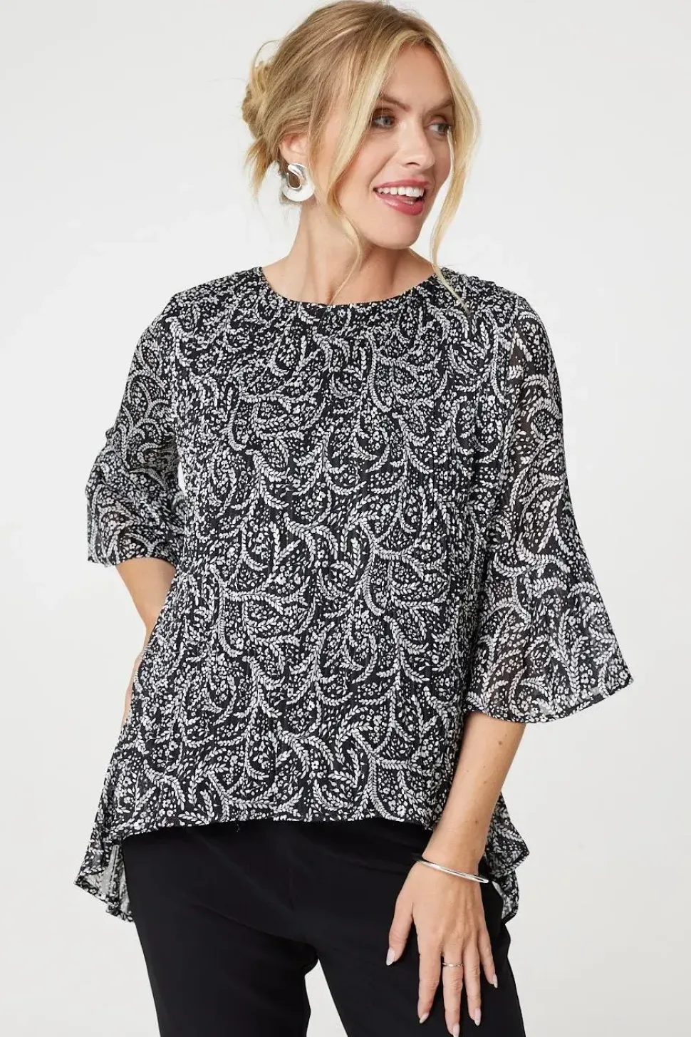 Leaf Print 3/4 Sleeve High Low Blouse