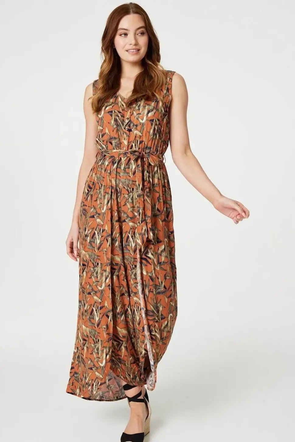 Leaf Print Sleeveless Jumpsuit